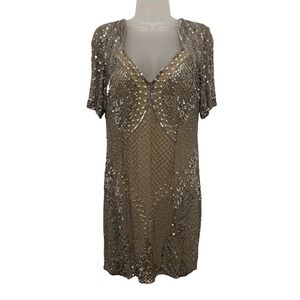 Scala Dress Womens 12 Taupe Beaded Sequin Silk Cocktail Party Holiday NYE Y2K